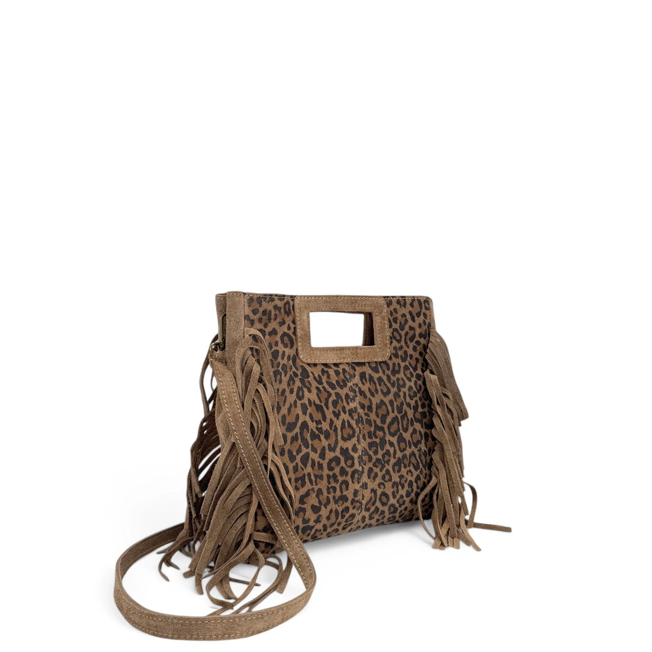 Sac à main en croûte de cuir imprimé léopard ENOLA LEO Ocelot taupe foncé