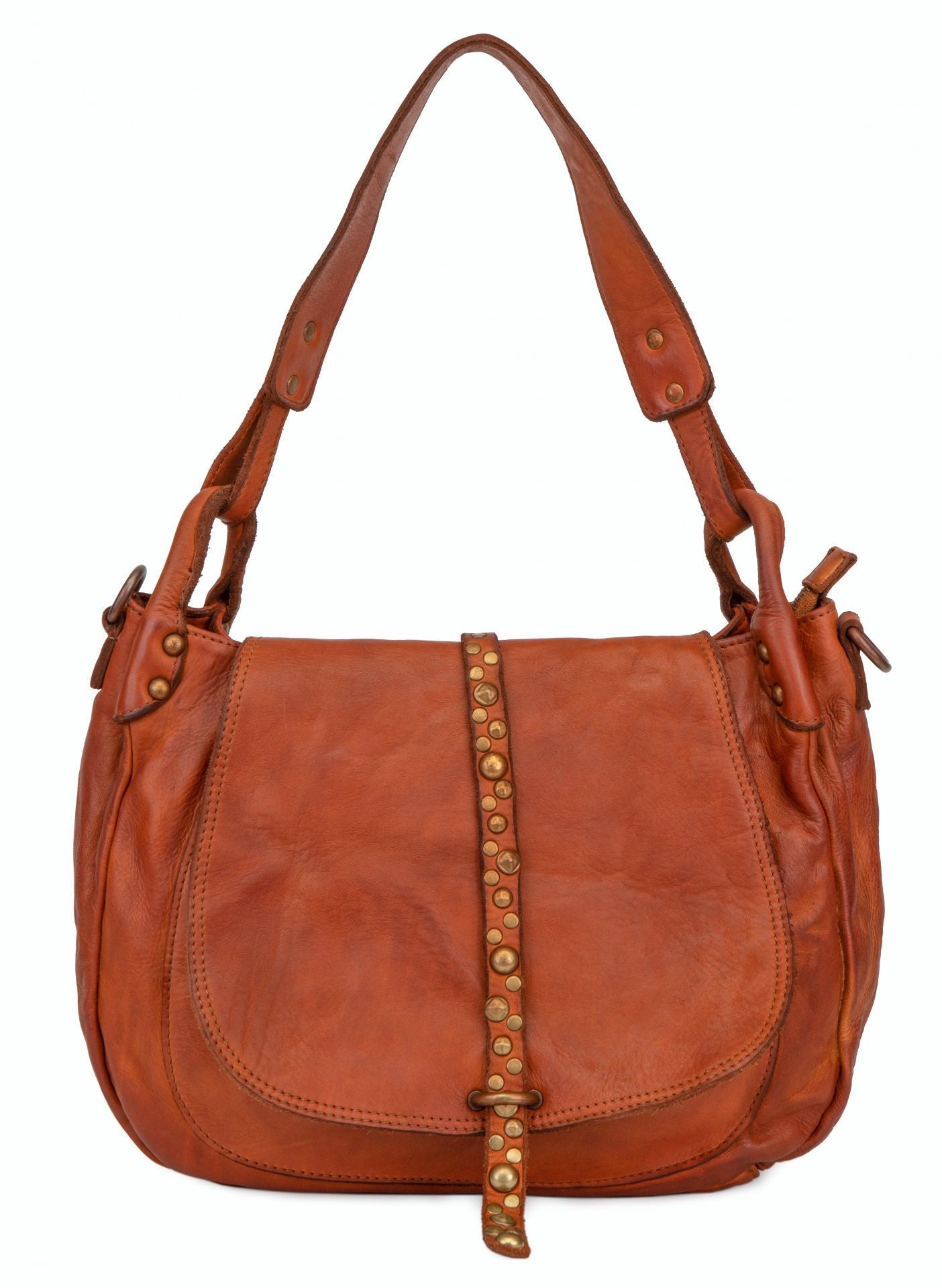 Sac besace porté épaule en cuir vintage MISS HAGEN Cognac