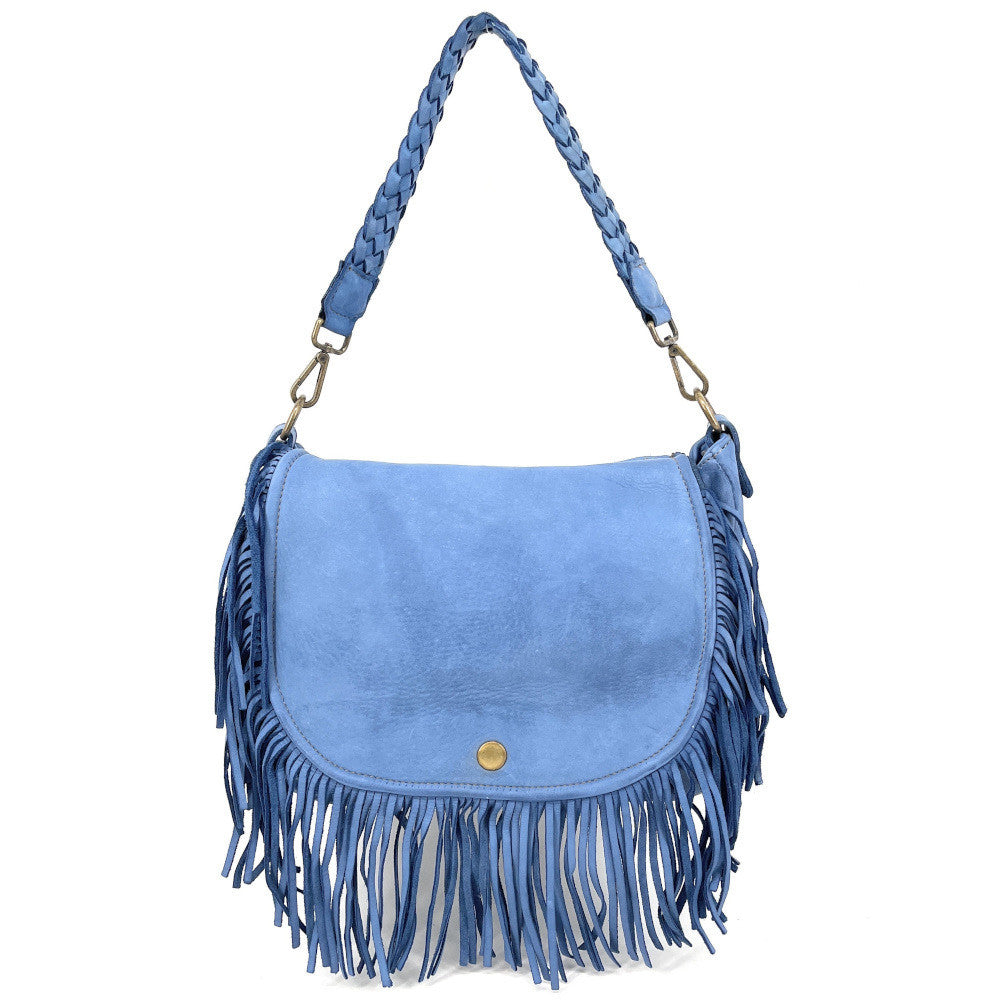 Sac besace à franges en cuir vintage MISS NAYA Bleu denim