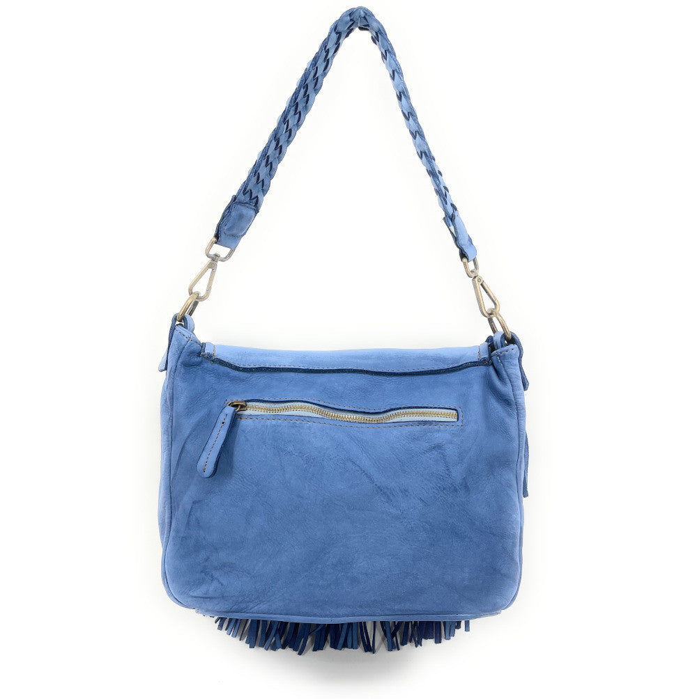 Sac besace à franges en cuir vintage MISS NAYA Bleu denim