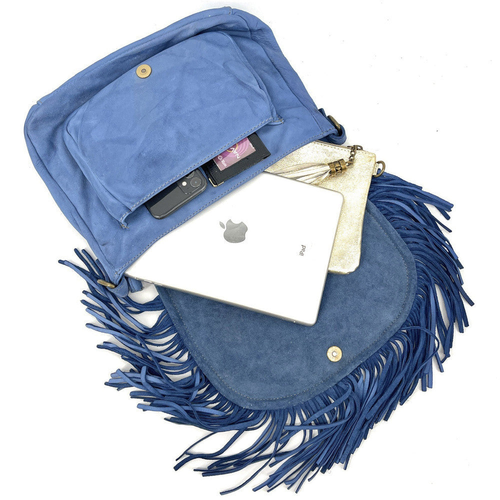 Sac besace à franges en cuir vintage MISS NAYA Bleu denim