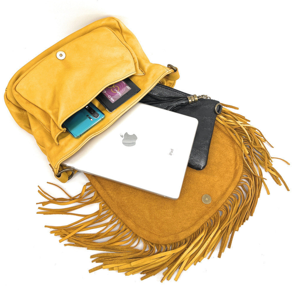 Sac besace à franges en cuir vintage MISS NAYA Jaune tournesol