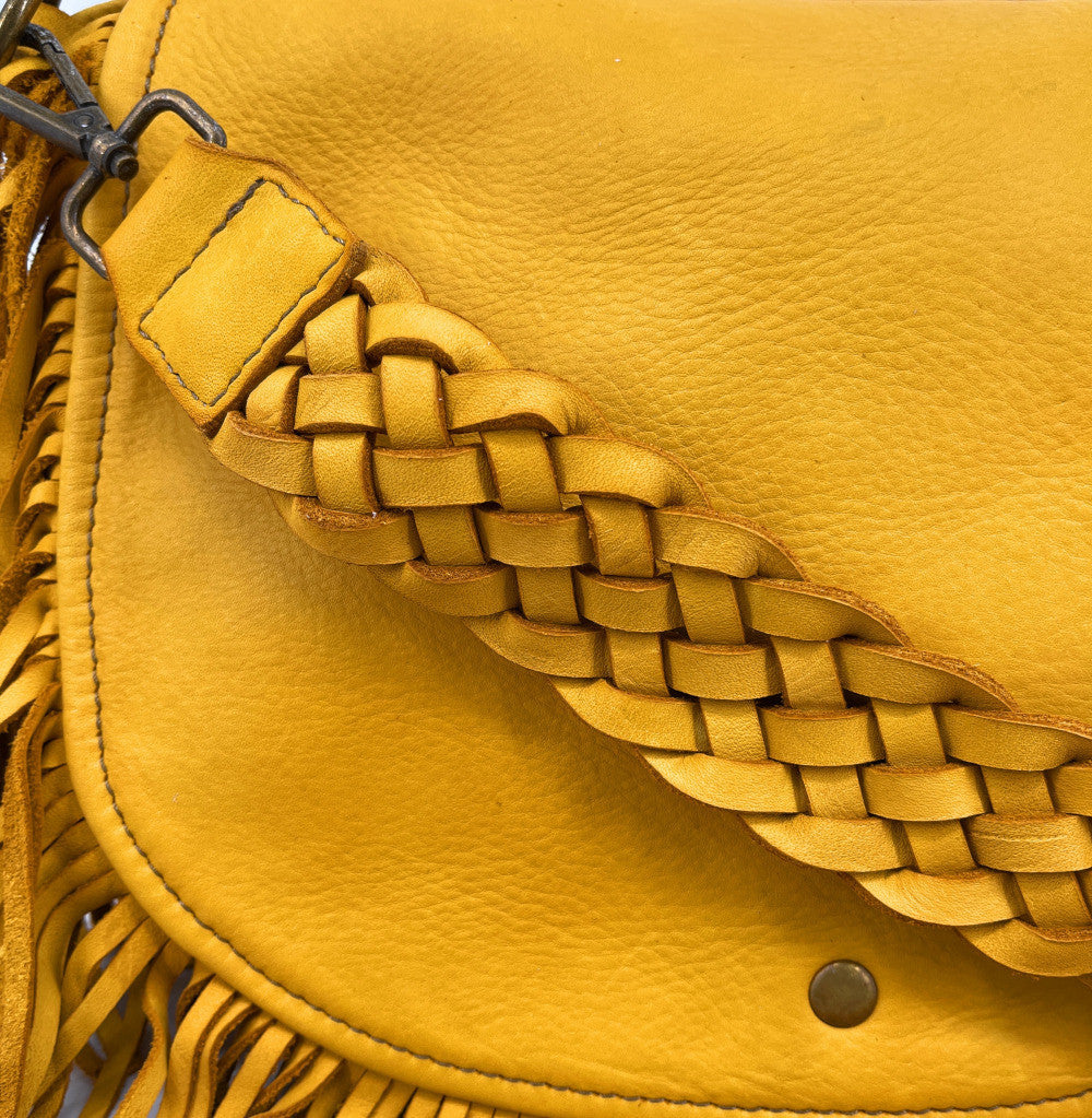Sac besace à franges en cuir vintage MISS NAYA Jaune tournesol