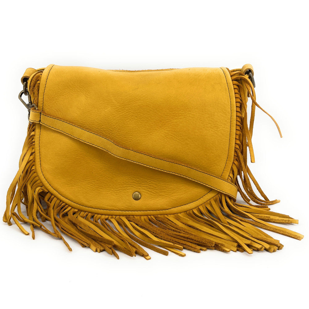 Sac besace à franges en cuir vintage MISS NAYA Jaune tournesol