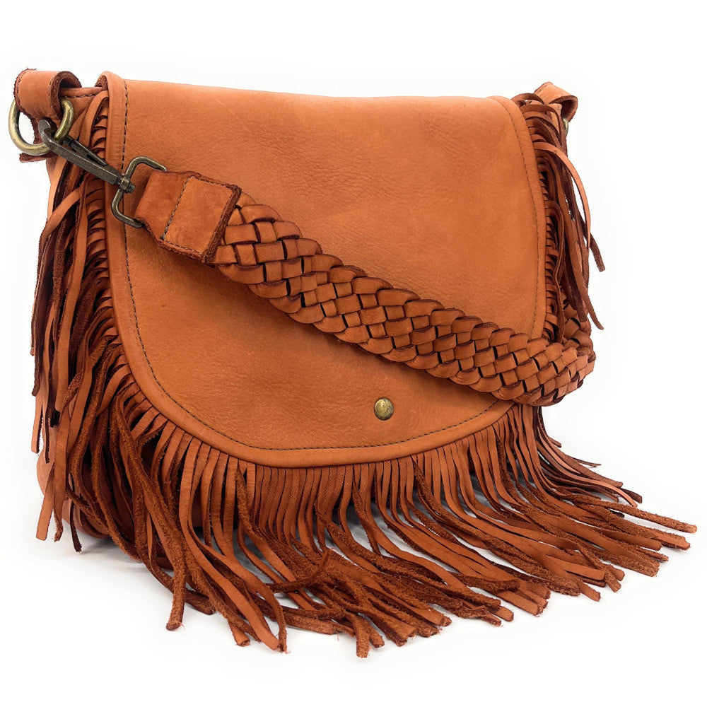 Sac besace à franges en cuir vintage MISS NAYA Camel foncé