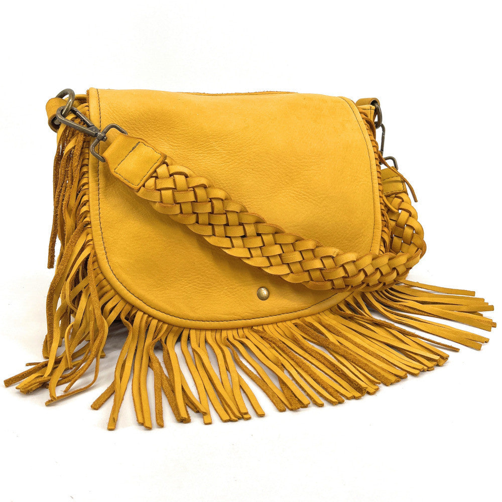 Sac besace à franges en cuir vintage MISS NAYA Jaune tournesol