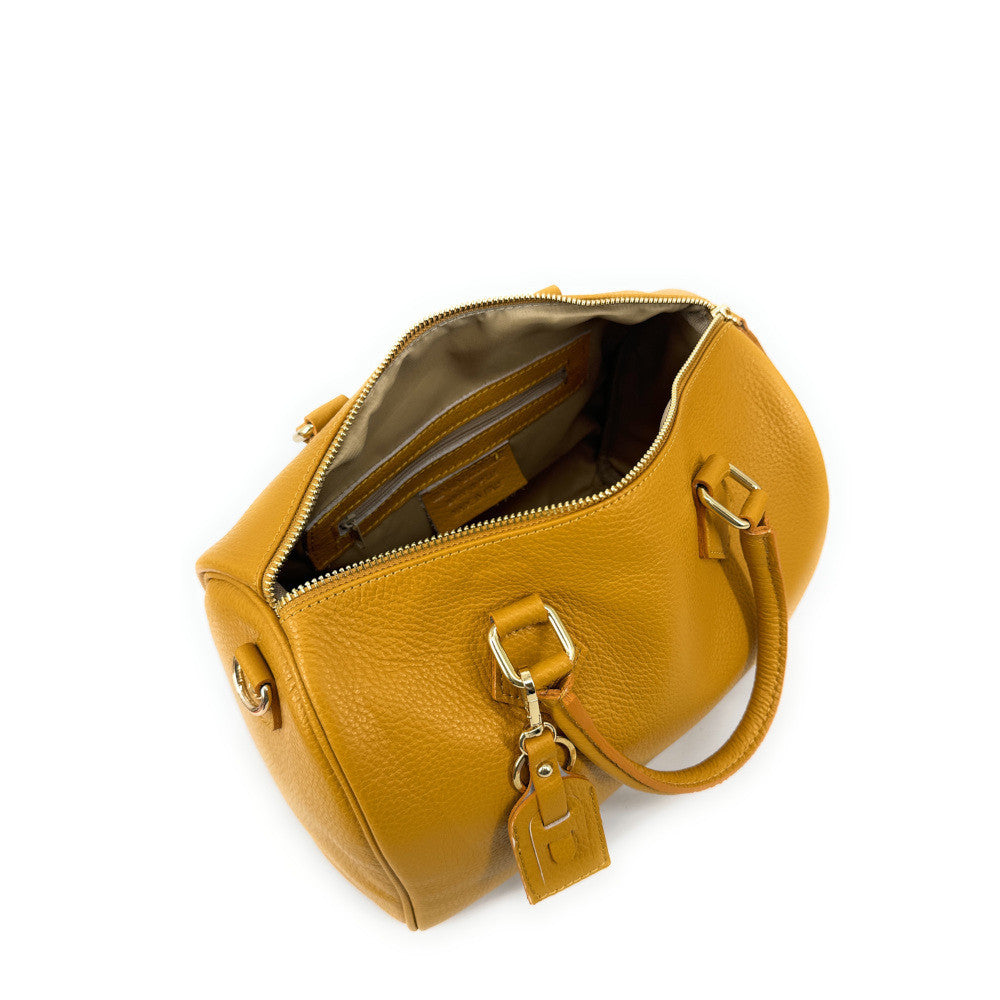 Sac à main bowling en cuir grainé italien BOOLIN Jaune Moutarde
