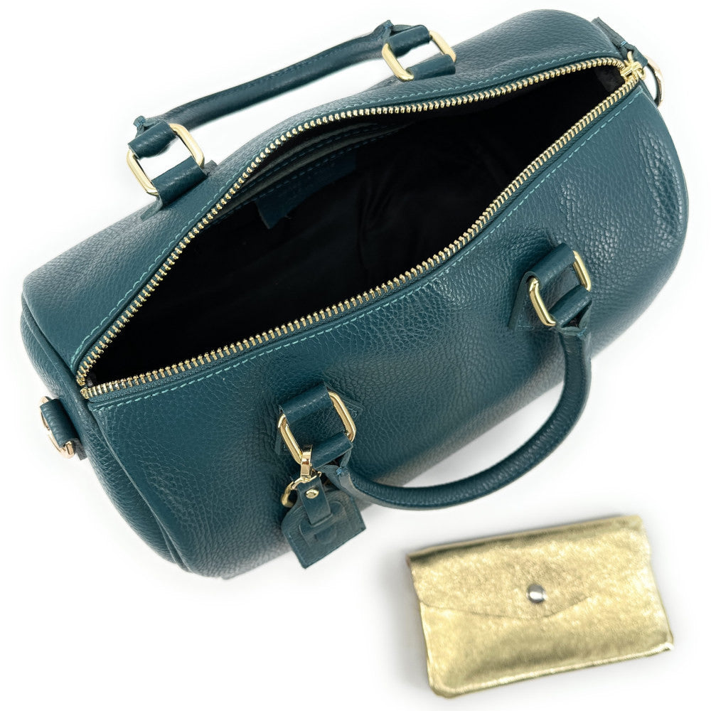 Sac à main bowling en cuir grainé italien BOOLIN Bleu vert canard
