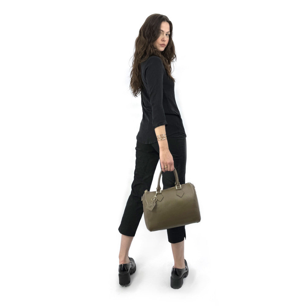 Sac à main bowling en cuir grainé italien BOOLIN Taupe foncé