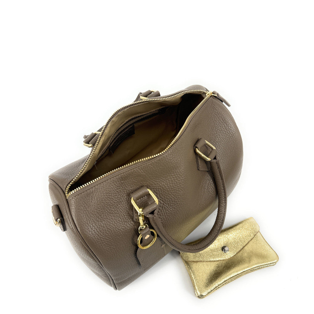 Sac à main bowling en cuir grainé italien BOOLIN Taupe foncé