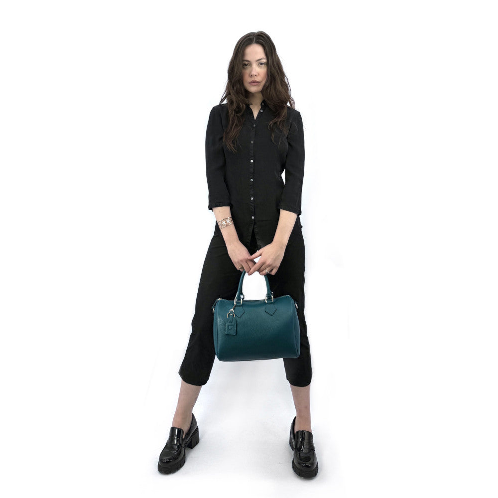 Sac à main bowling en cuir grainé italien BOOLIN Bleu vert canard
