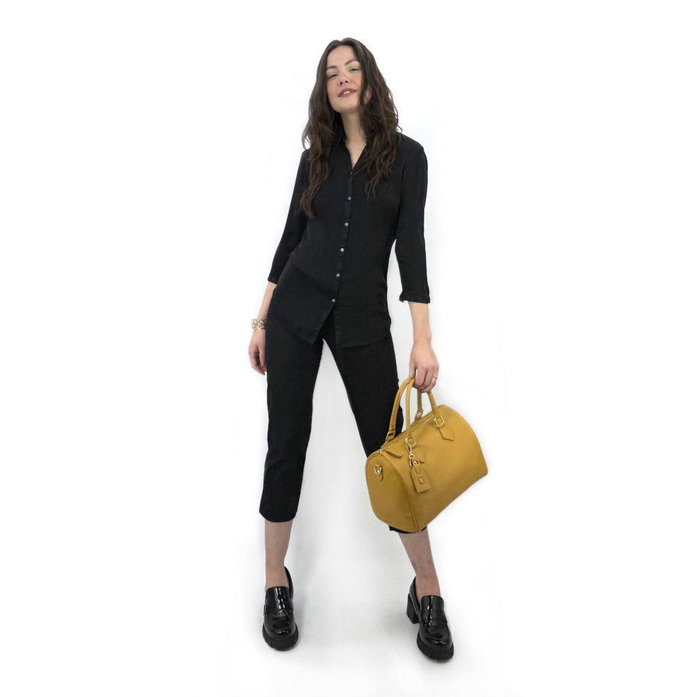 Sac à main bowling en cuir grainé italien BOOLIN Jaune Moutarde
