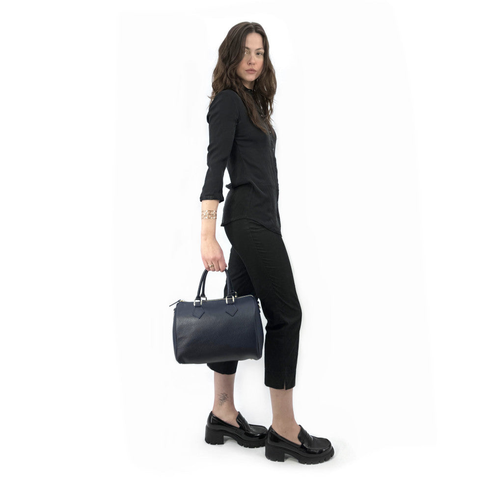 Sac à main bowling en cuir grainé italien BOOLIN Bleu marine