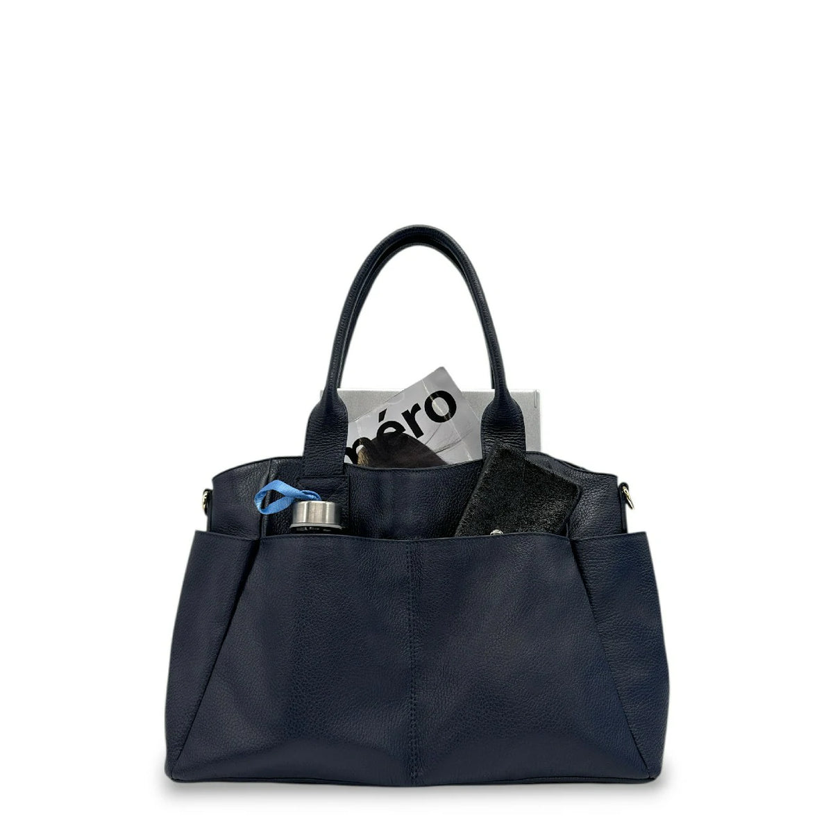 Bolso tote multibolsillos de piel granulada MARCIE Azul marino