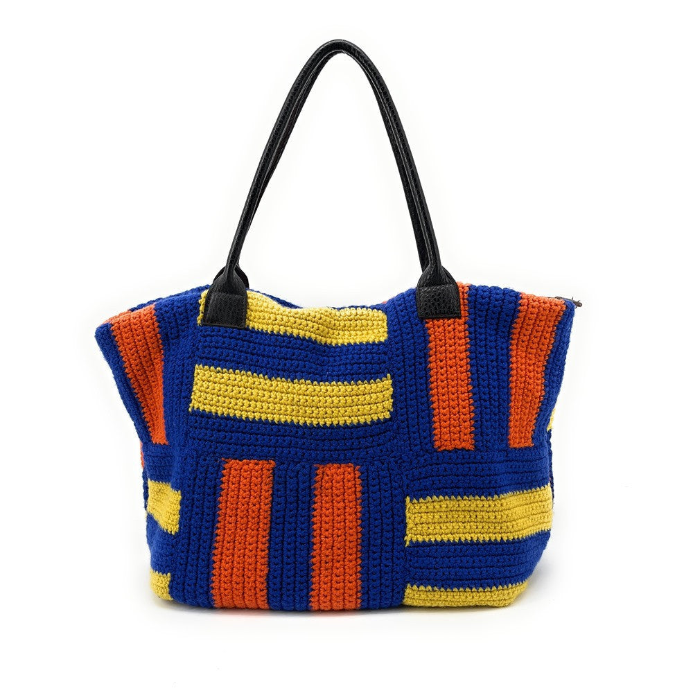 Sac à main cabas en coton et cuir NEEDLE Bleu