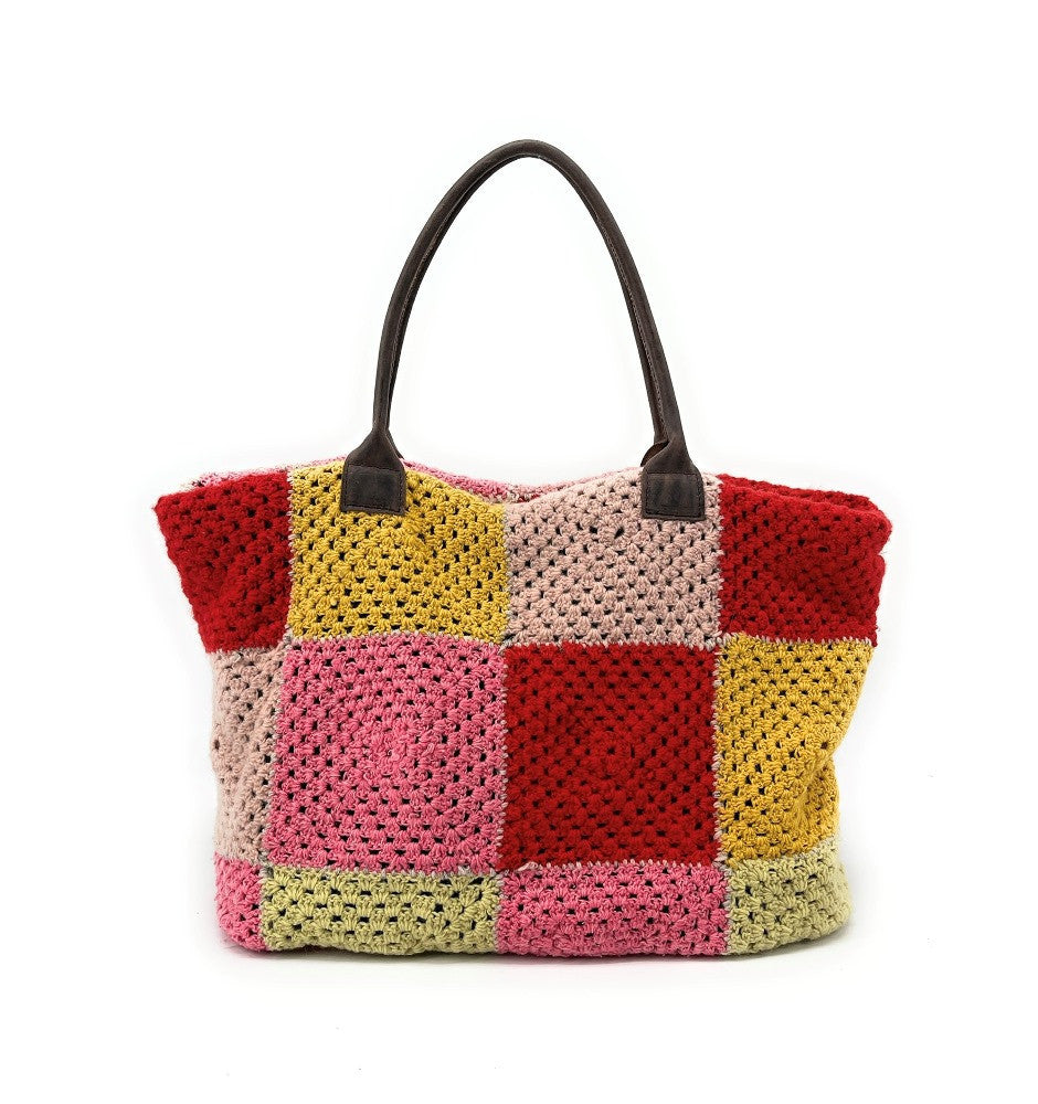Sac à main cabas en coton et cuir NEEDLE Rose intense