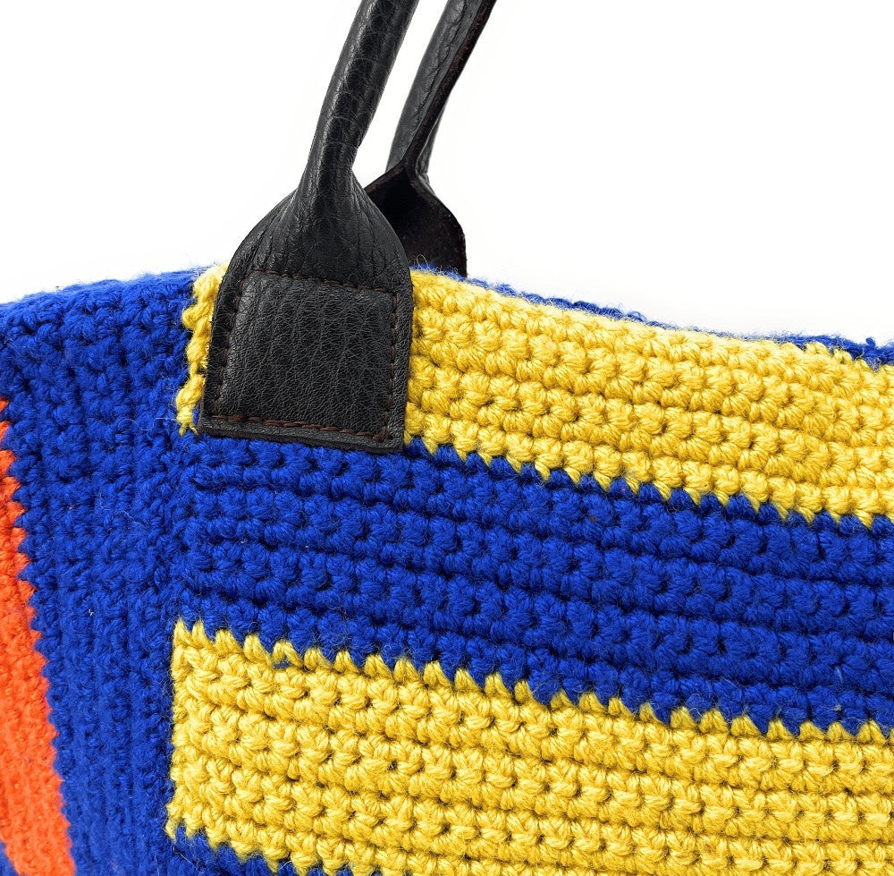 Sac à main cabas en coton et cuir NEEDLE Bleu