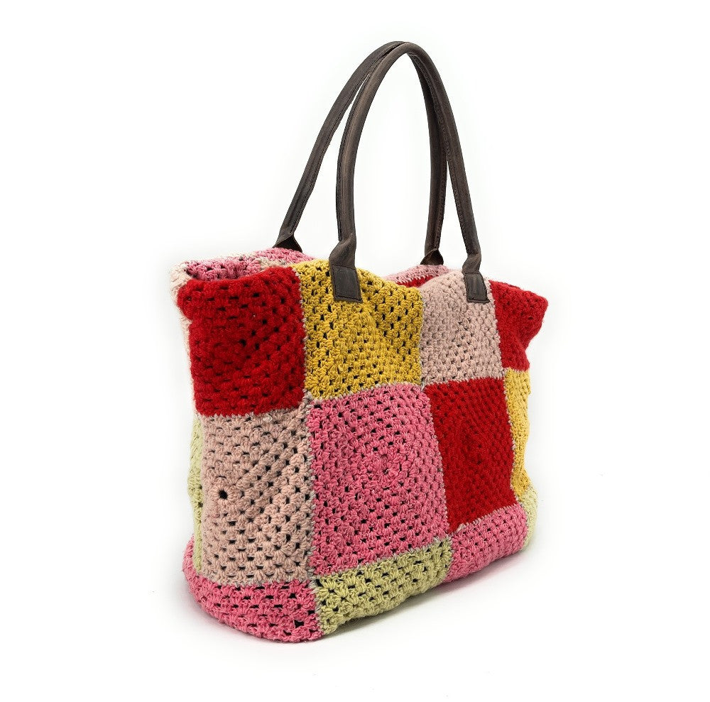 Sac à main cabas en coton et cuir NEEDLE Rose intense