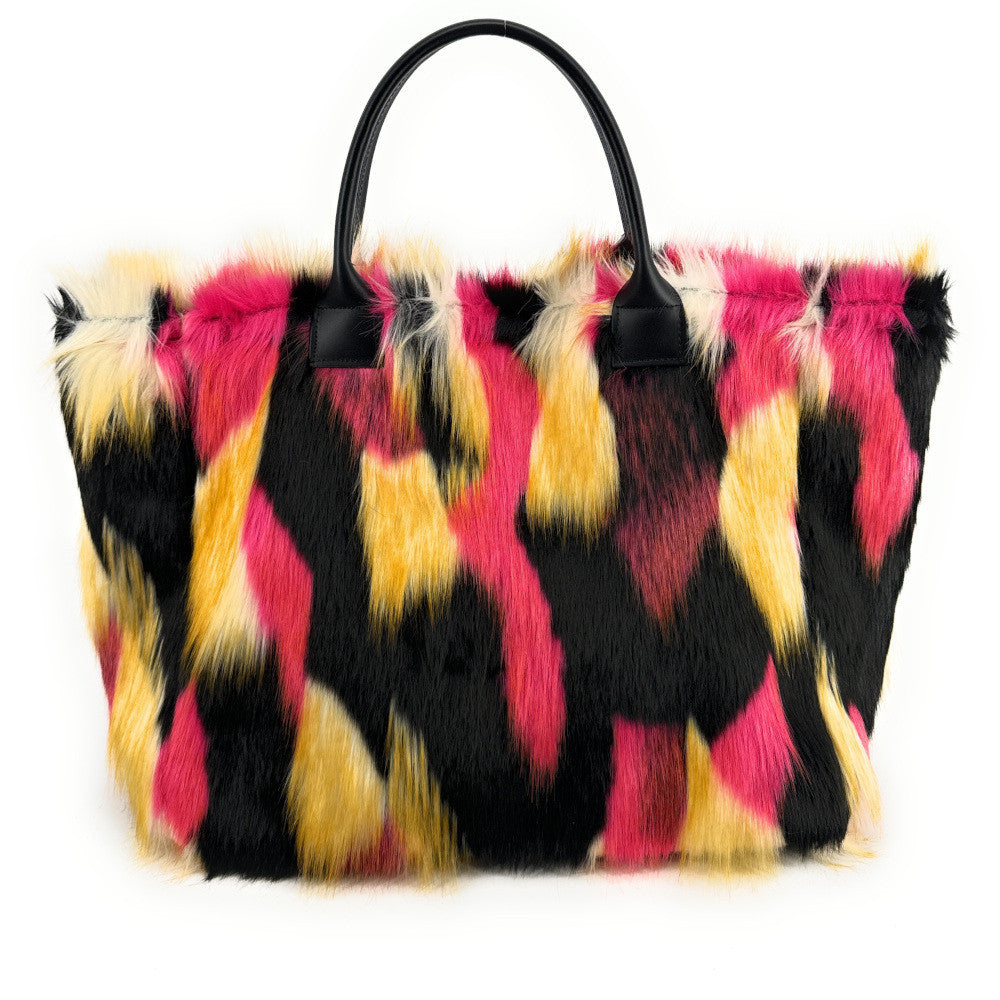 Sac cabas shopping XL en fausse fourrure et cuir TABBY Néo Pink