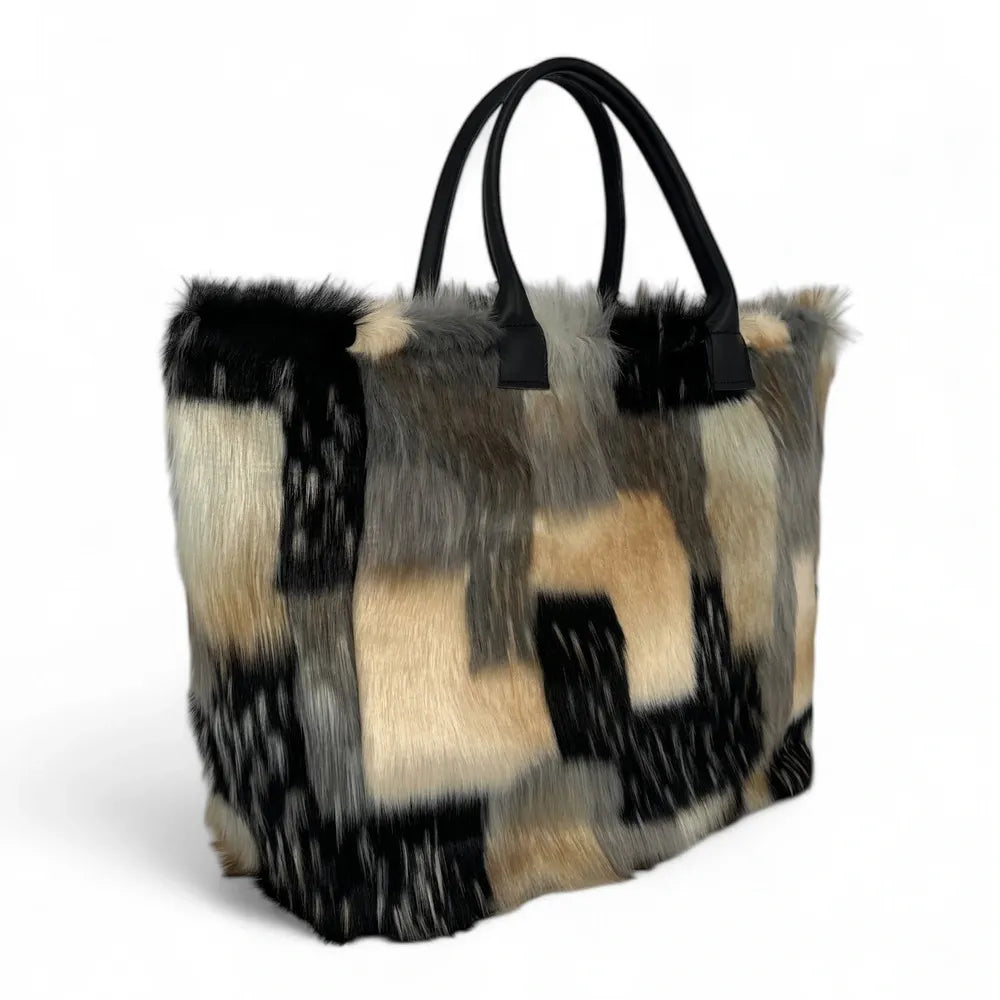 Sac cabas shopping XL en fausse fourrure et cuir TABBY Mosaïc