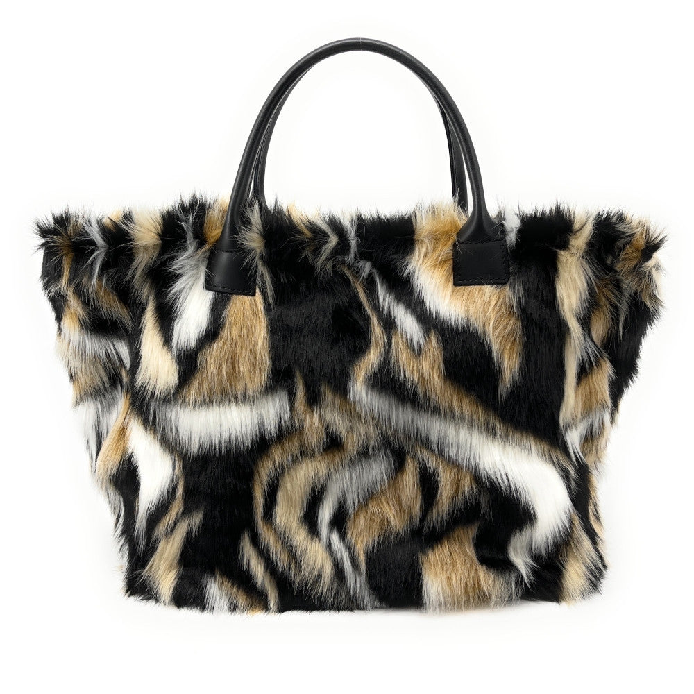 Sac cabas shopping XL en fausse fourrure et cuir TABBY Beige crème