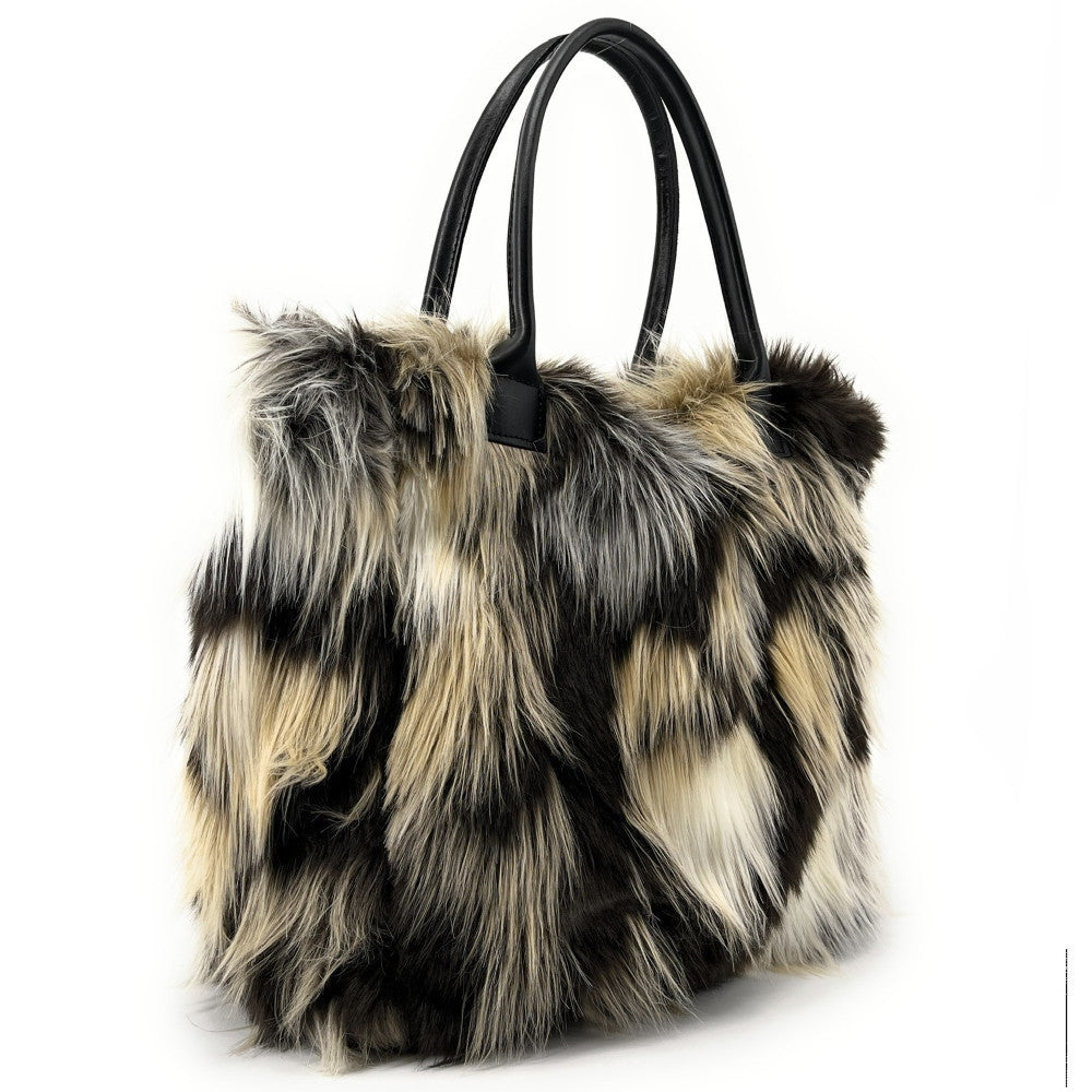 Sac cabas shopping XL en fausse fourrure et cuir TABBY Noir