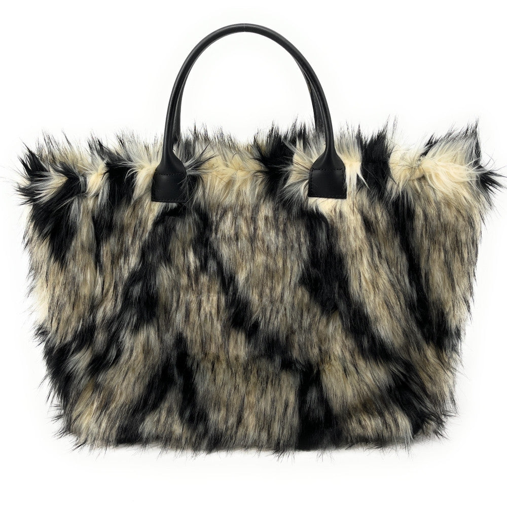 Sac cabas shopping XL en fausse fourrure et cuir TABBY Taupe