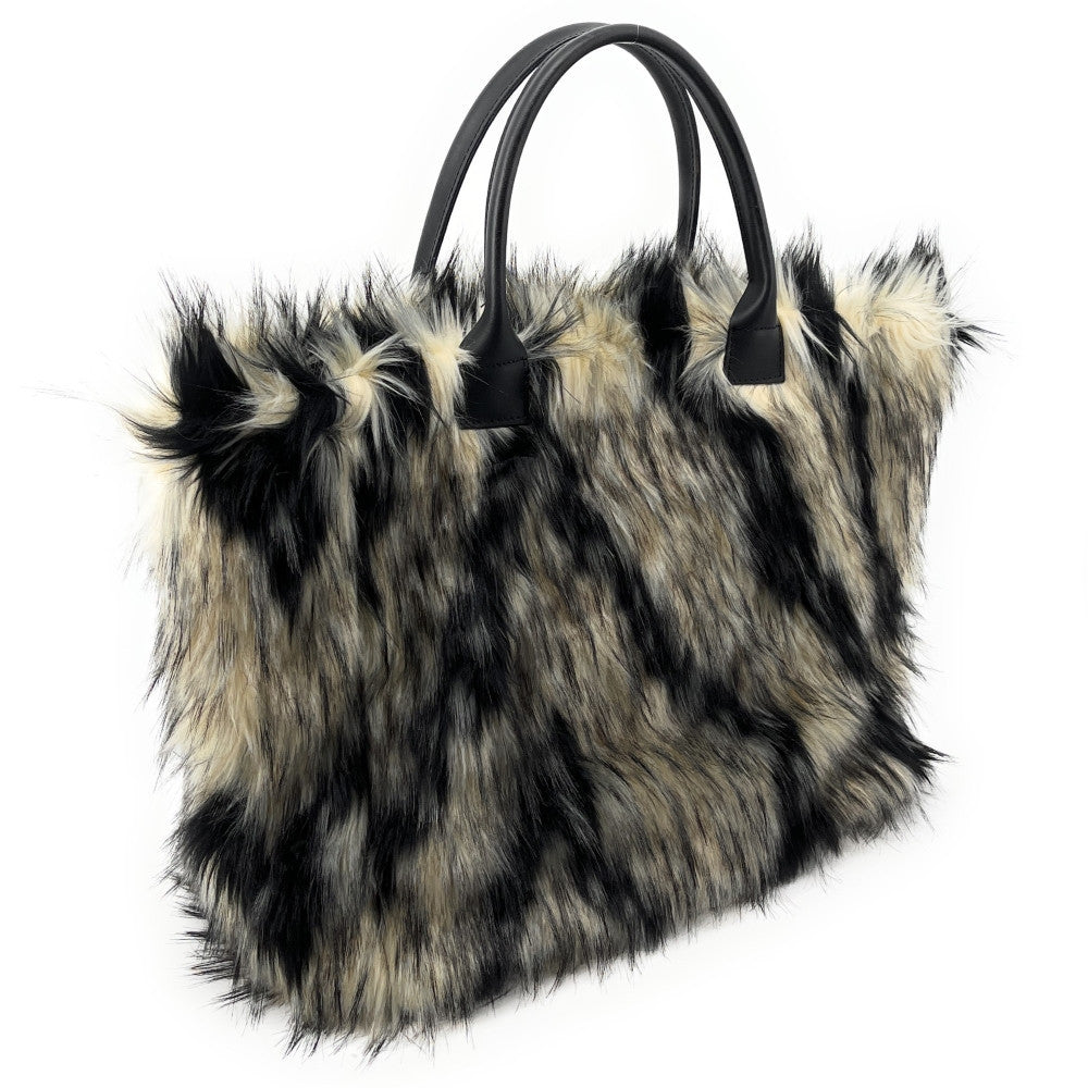 Sac cabas shopping XL en fausse fourrure et cuir TABBY Taupe
