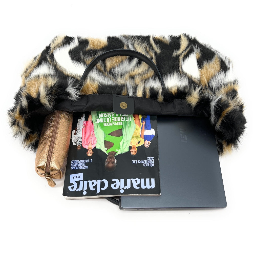 Sac cabas shopping XL en fausse fourrure et cuir TABBY Beige crème