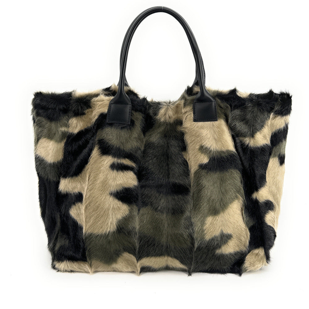 Sac cabas shopping XL en fausse fourrure et cuir TABBY Camouflage