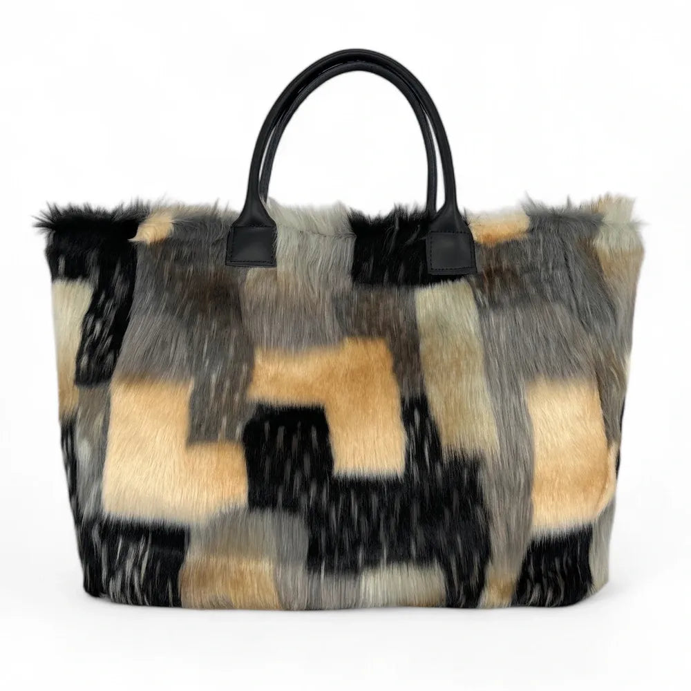 Sac cabas shopping XL en fausse fourrure et cuir TABBY Mosaïc