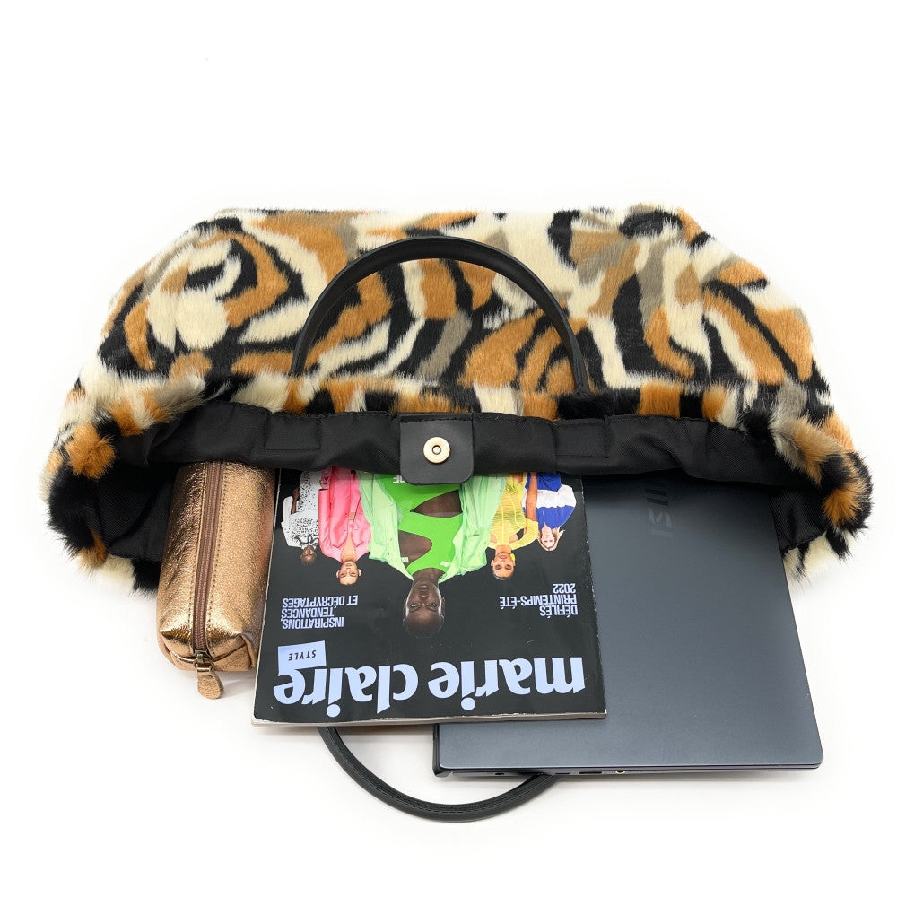 Sac cabas shopping XL en fausse fourrure et cuir TABBY Camel