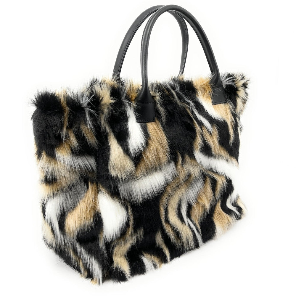 Sac cabas shopping XL en fausse fourrure et cuir TABBY Beige crème