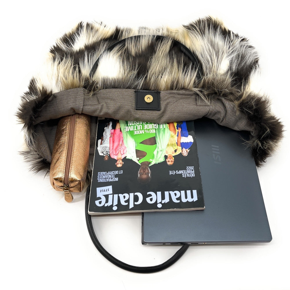 Sac cabas shopping XL en fausse fourrure et cuir TABBY Noir