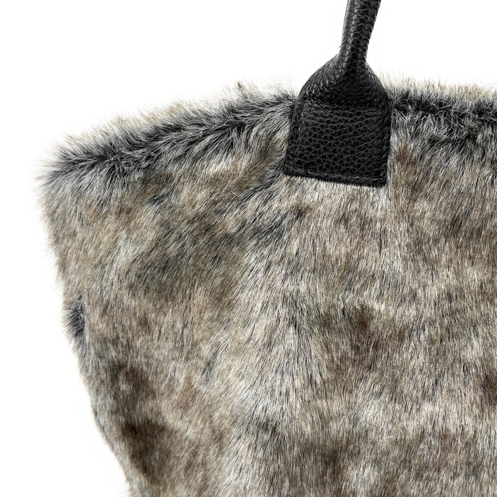 Sac cabas shopping XL en fausse fourrure et cuir TABBY Gris taupe foncé