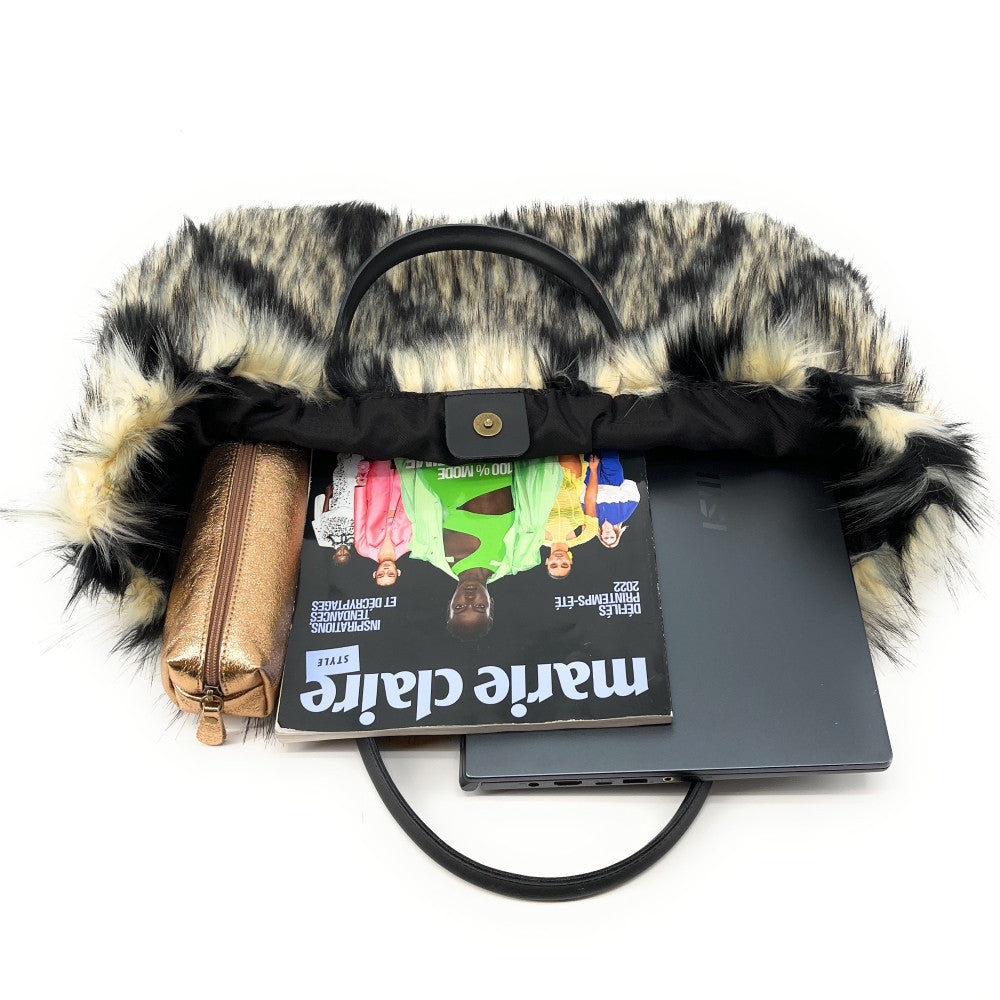 Sac cabas shopping XL en fausse fourrure et cuir TABBY Taupe