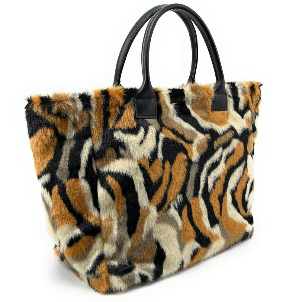 Sac cabas shopping XL en fausse fourrure et cuir TABBY Camel