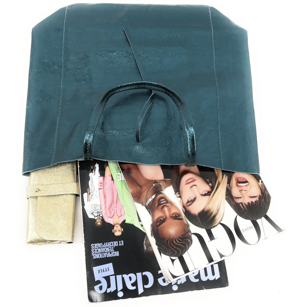 Sac cabas en cuir grainé ou irisé NICE Bleu vert canard