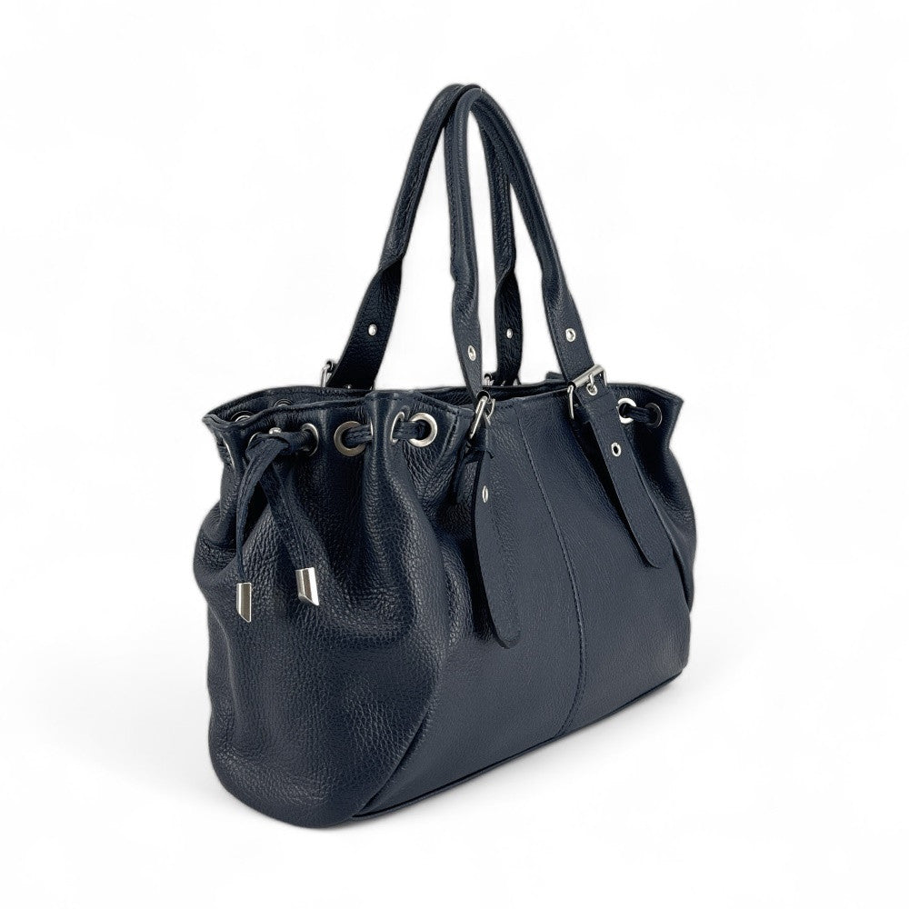 Sac bowling porté épaule en cuir grainé PRINCESSE Bleu marine
