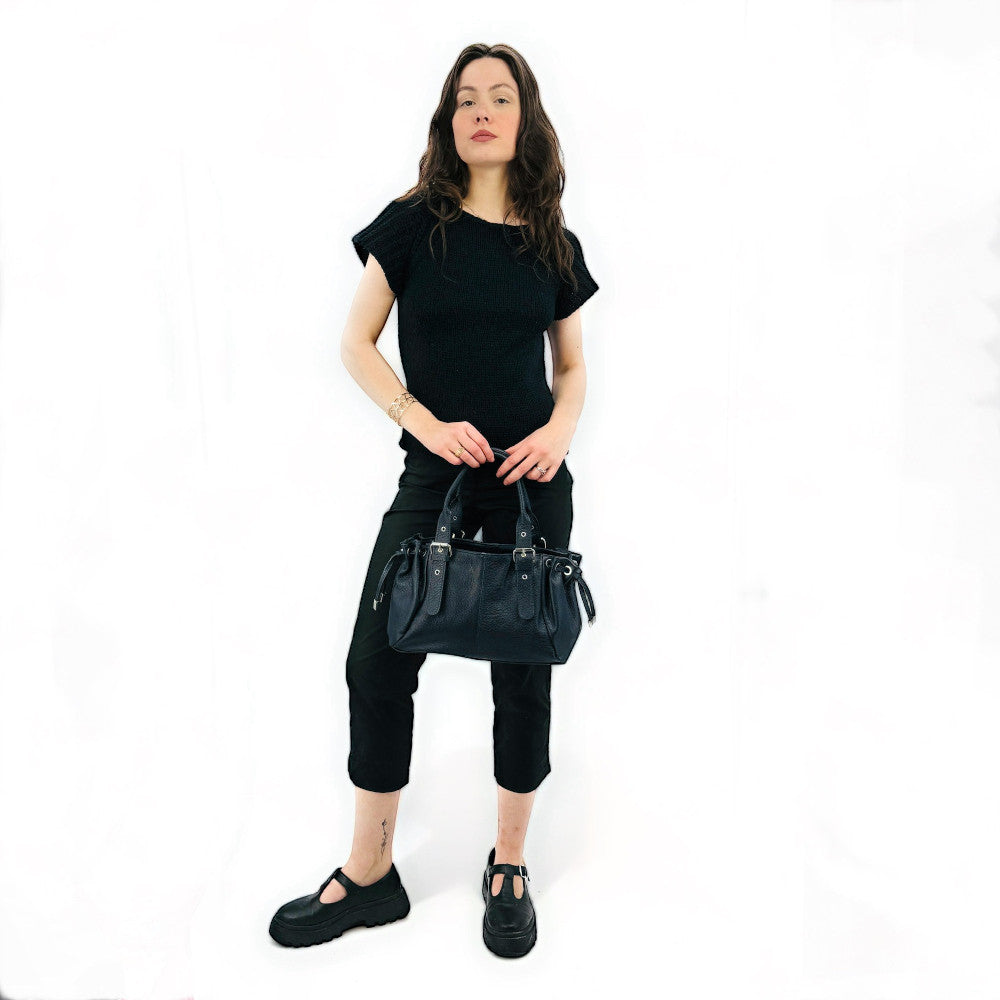 Sac bowling porté épaule en cuir grainé PRINCESSE Bleu marine