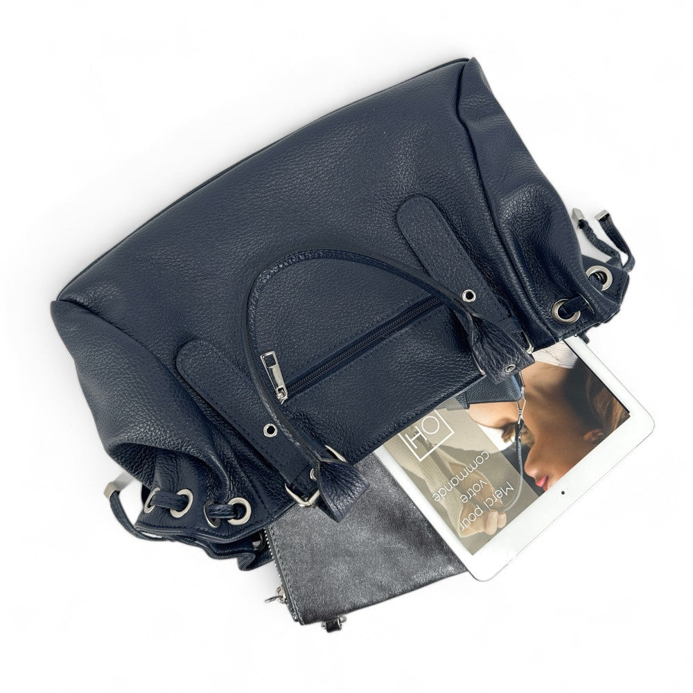 Sac bowling porté épaule en cuir grainé PRINCESSE Bleu marine