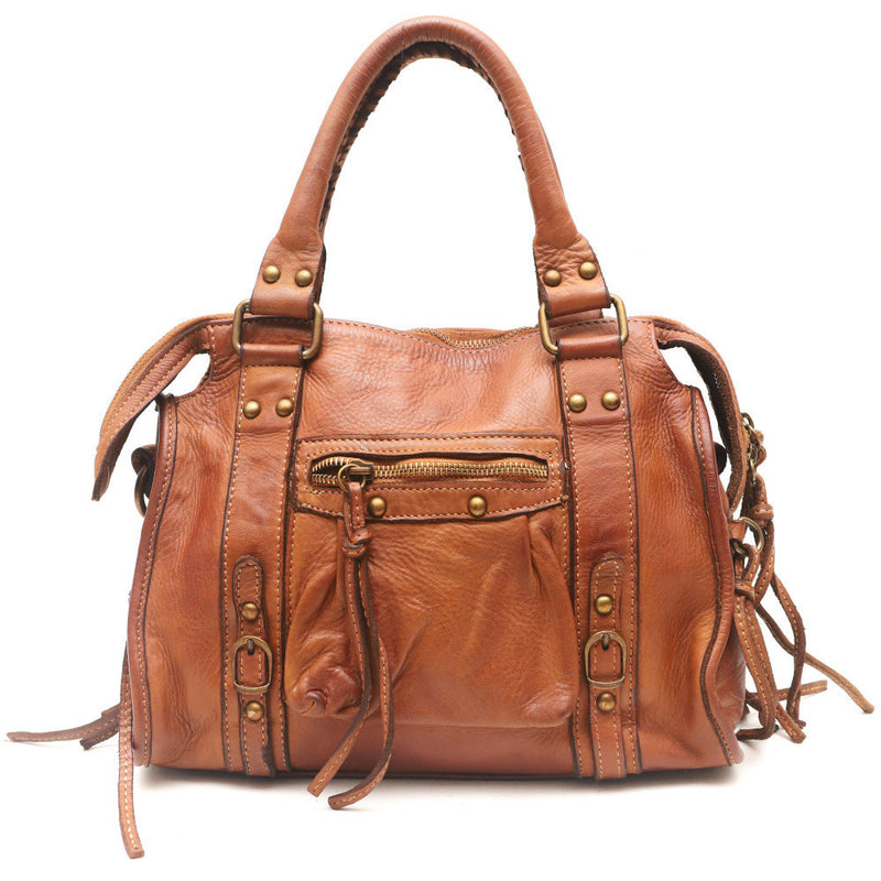 Sac à main à bandoulière en cuir vintage MISS STORM (petit modèle) Cognac