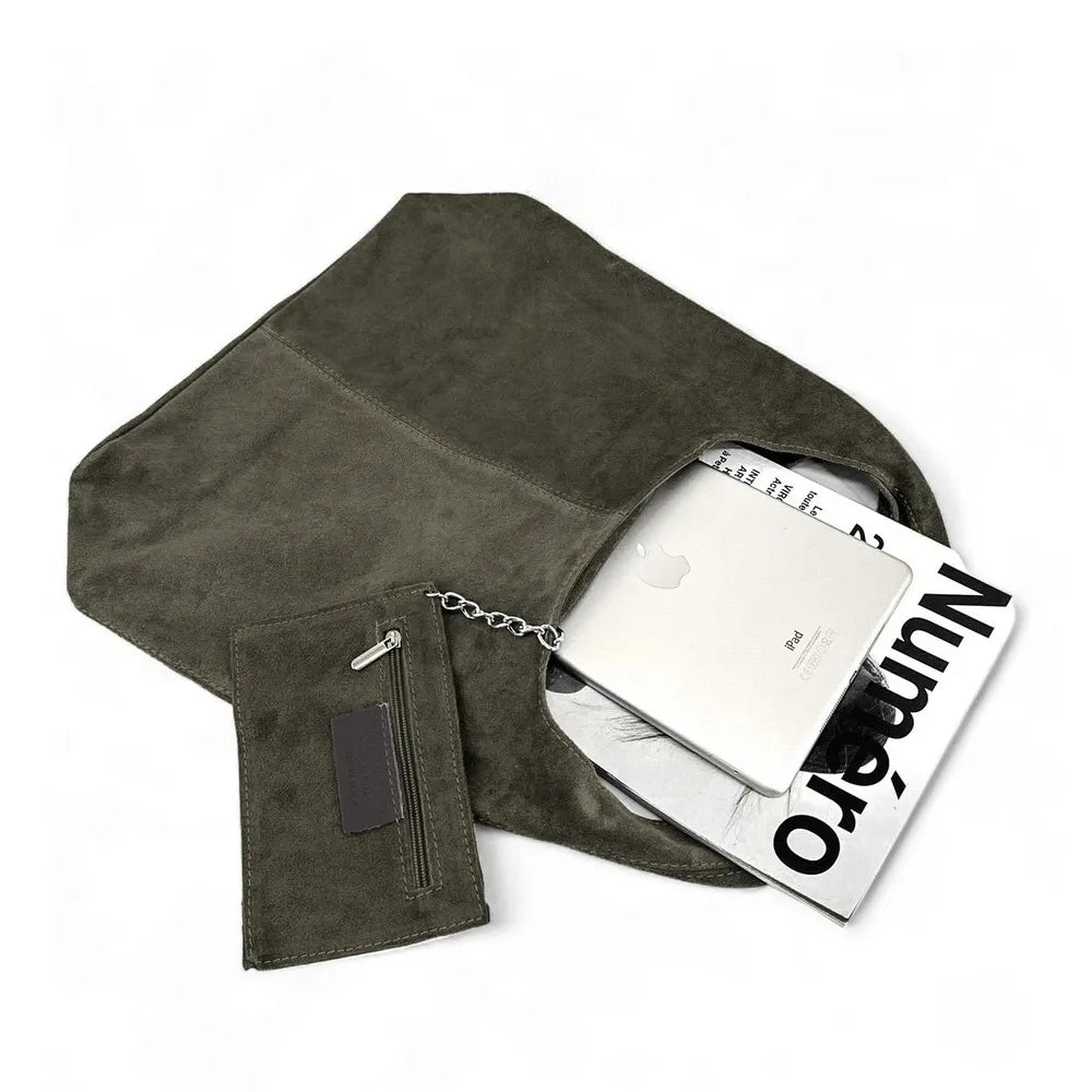 Sac à main de forme HOBO en croûte de cuir épais EVA E.L. Kaki