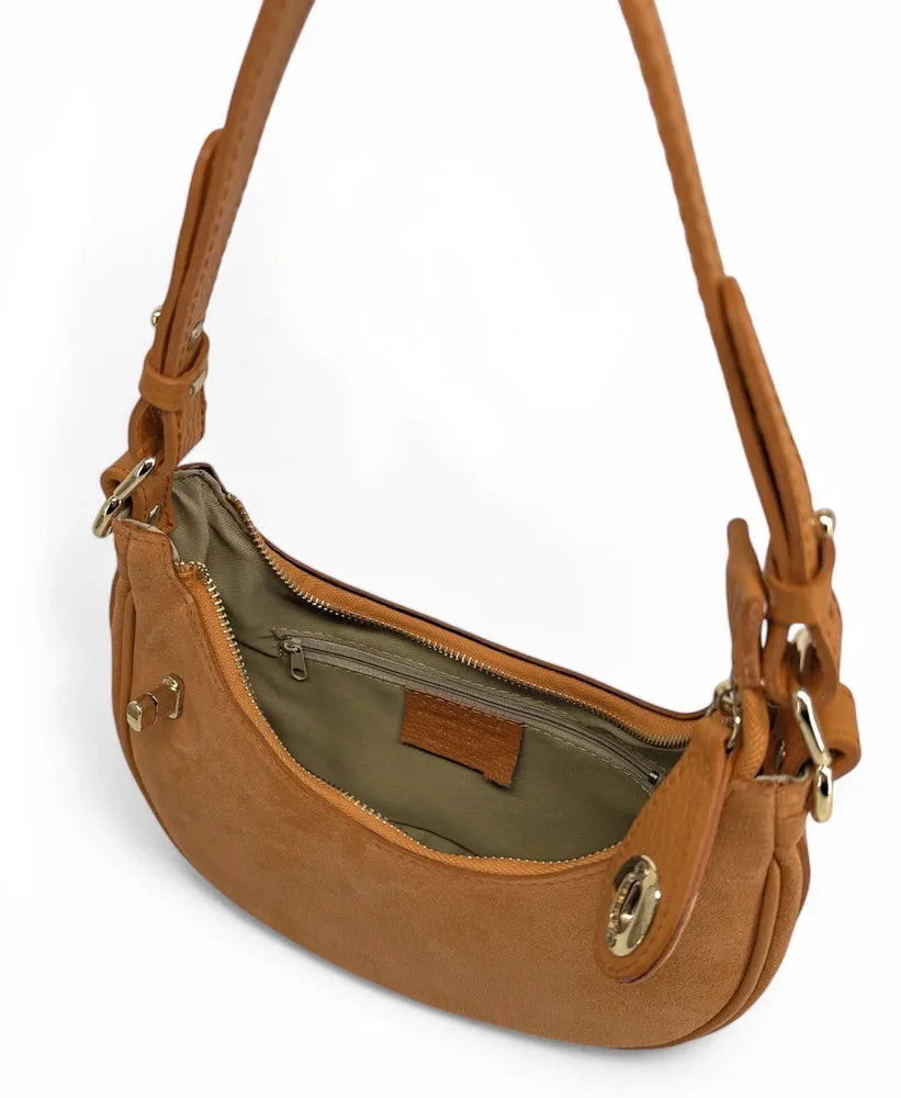 Sac à main demi-lune en croûte de cuir MUNE Camel clair