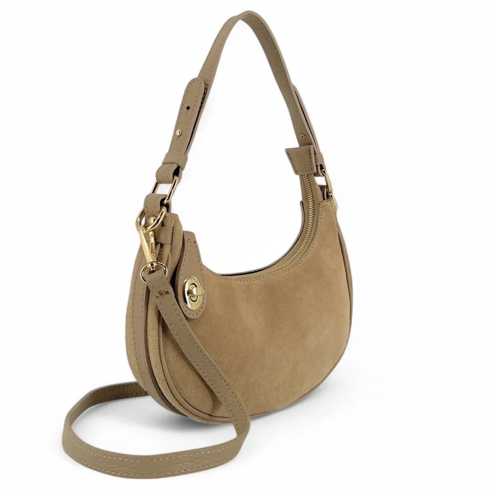 Sac à main demi-lune en croûte de cuir MUNE Taupe