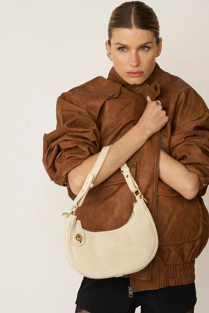 Sac à main demi-lune en croûte de cuir MUNE Taupe clair