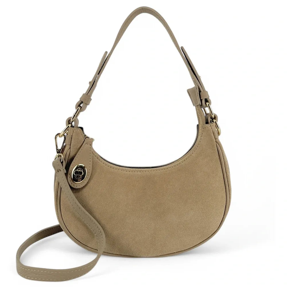 Sac à main demi-lune en croûte de cuir MUNE Taupe