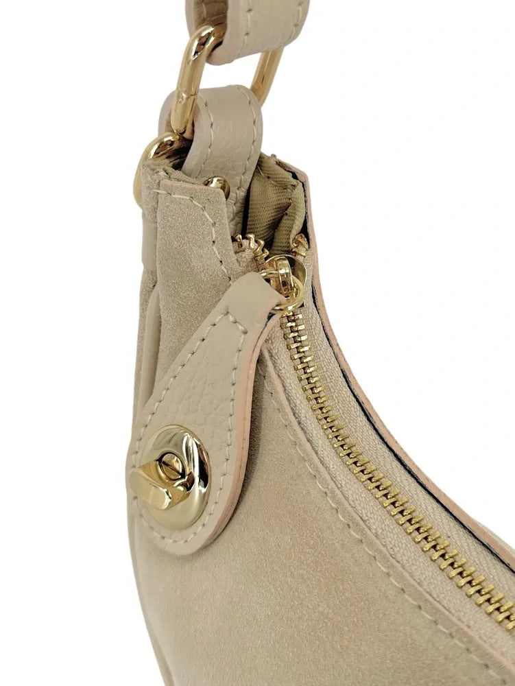 Sac à main demi-lune en croûte de cuir MUNE Taupe clair