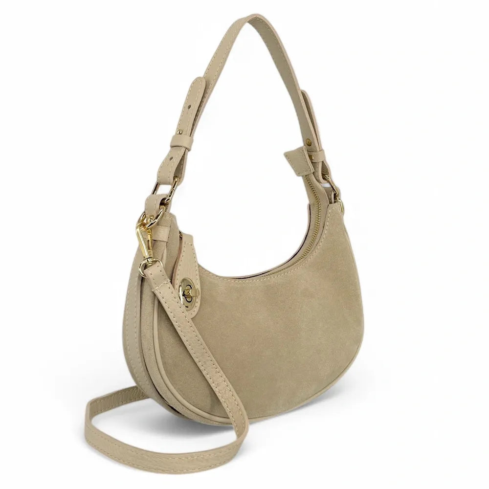 Sac à main demi-lune en croûte de cuir MUNE Taupe clair