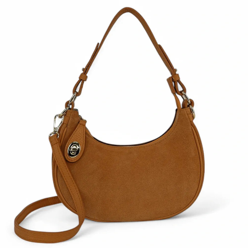 Sac à main demi-lune en croûte de cuir MUNE Camel clair